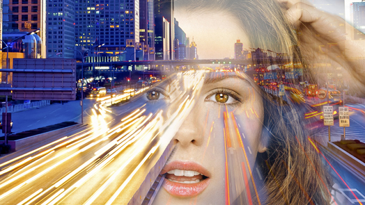 composition image of a portrait and city lights